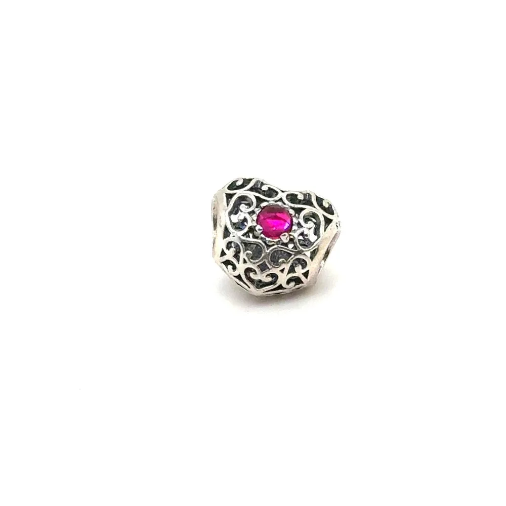 Pandora Cerise Heart Filigree Charm Sterling Silver Pink Ruby 791282CPK